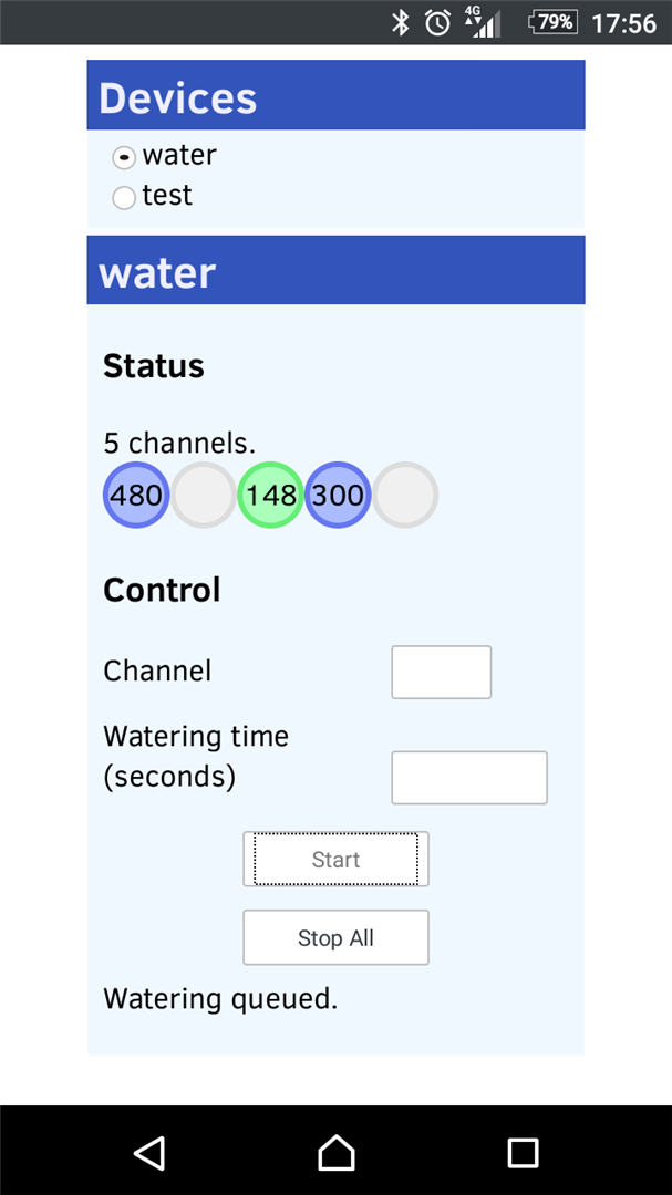 Screenshot of watering system control page on Android
